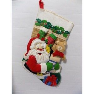 Vintage 1970 Christmas Santa Claus Bear Stockings Hand Made Beaded Sequins